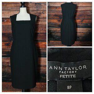 Ann Taylor Sheath Dress 8 Petite Black Square Neck Lined Zip Back